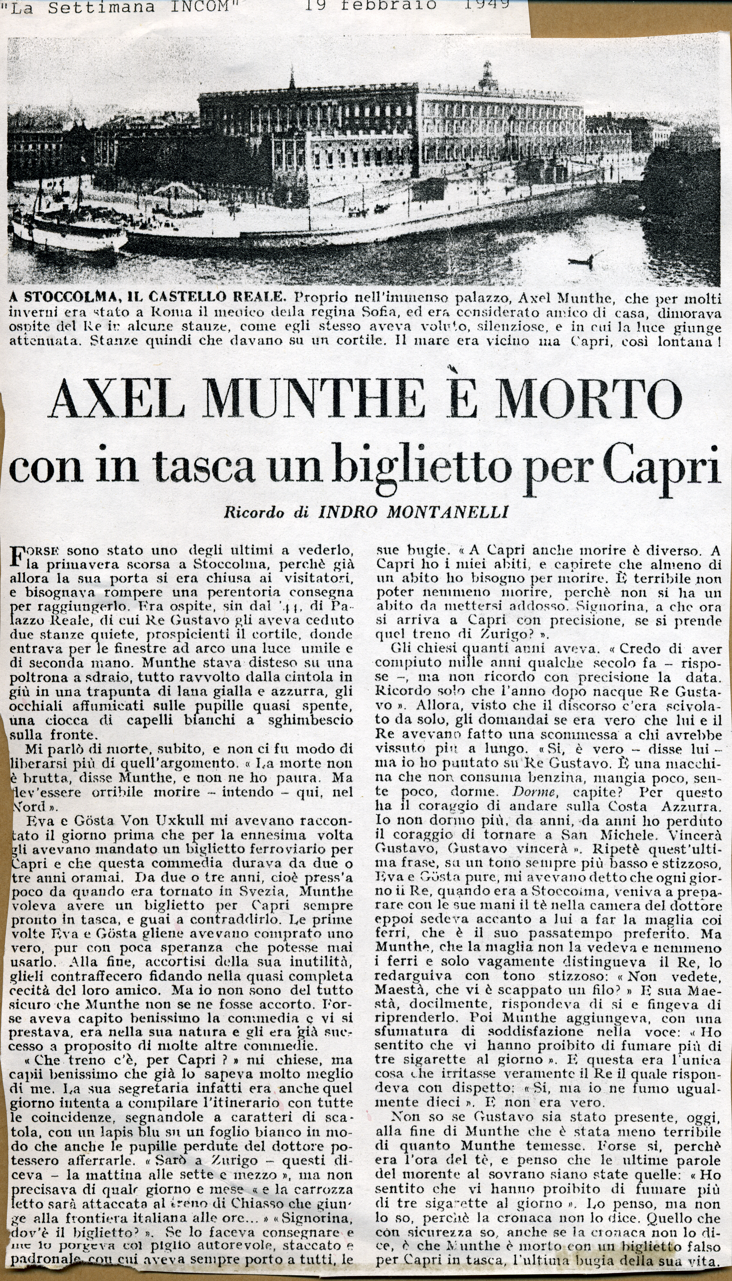 The article announcing Munthe’s death by the famous Italian journalist Indro Montanelli